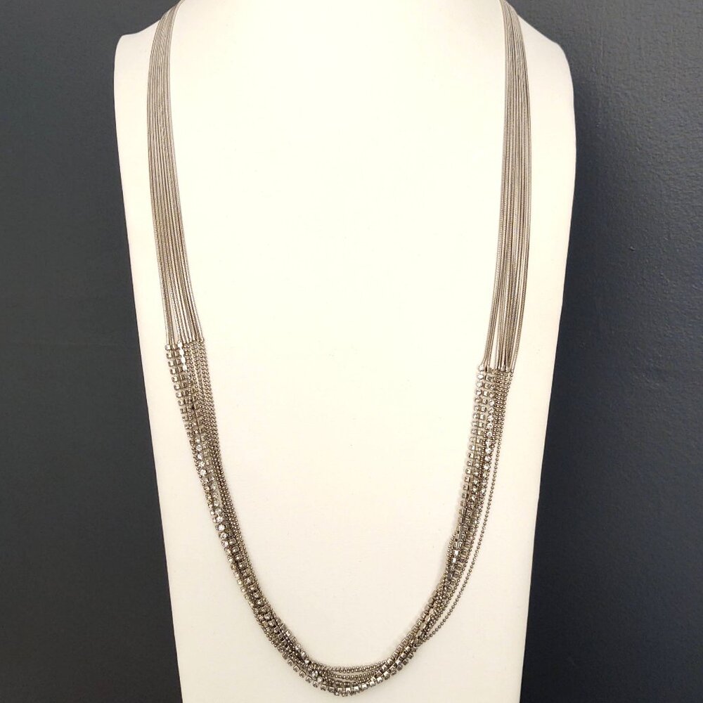 Multi strand long silver necklace with cz accents
